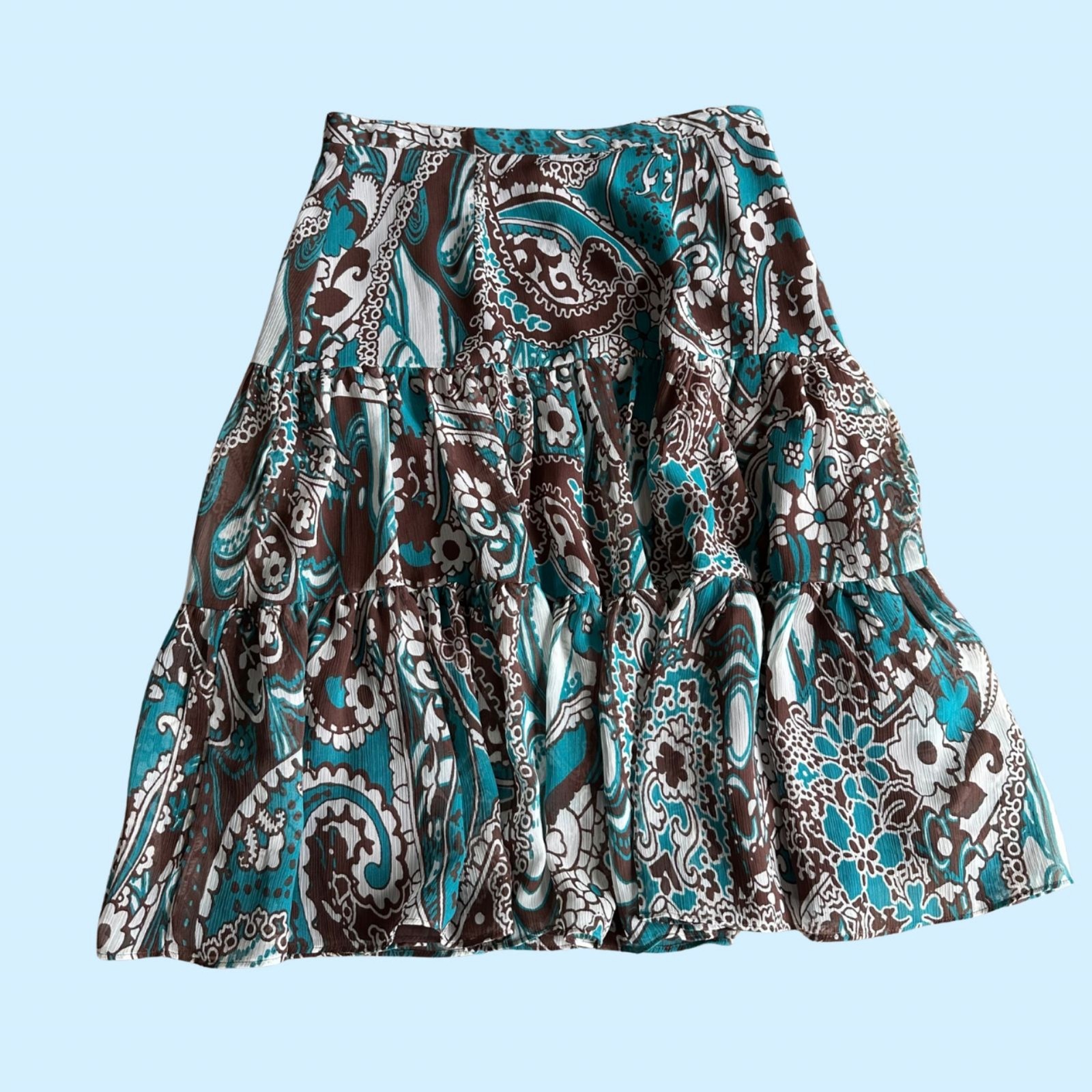 Y2K Vintage Nicole Miller Tiered Boho Midi Skirt | Teal & Brown