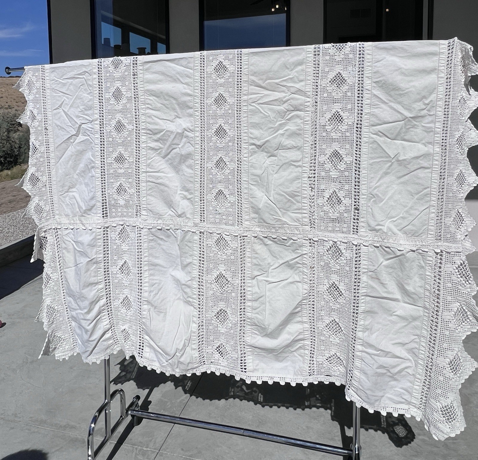 Vintage Linen & Lace Banquet Tablecloth 92”x70” Geometric Crochet Inserts Ivory
