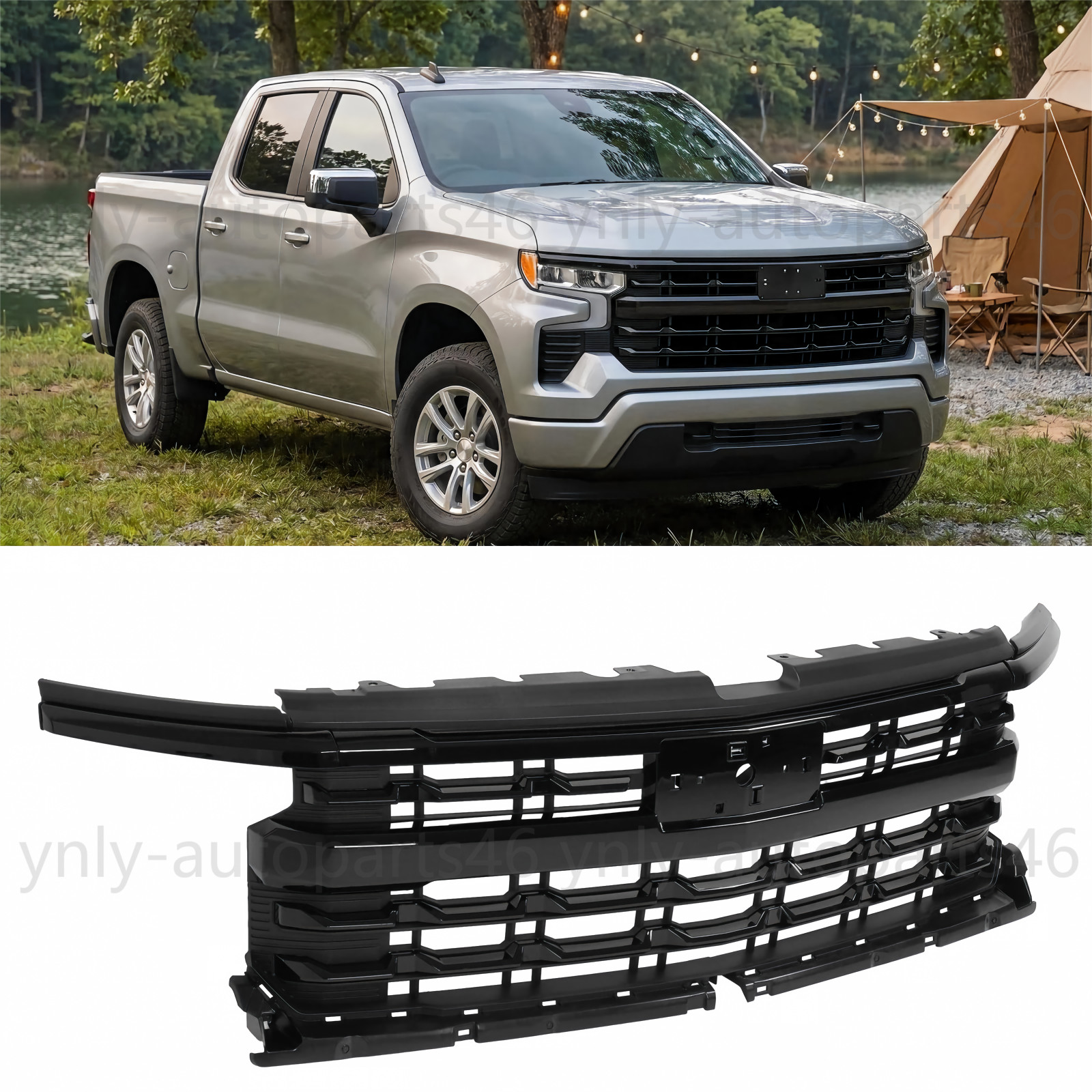 Fit For Chevy Silverado 1500 2022-2024 Front Upper Grill Grille Gloss Black