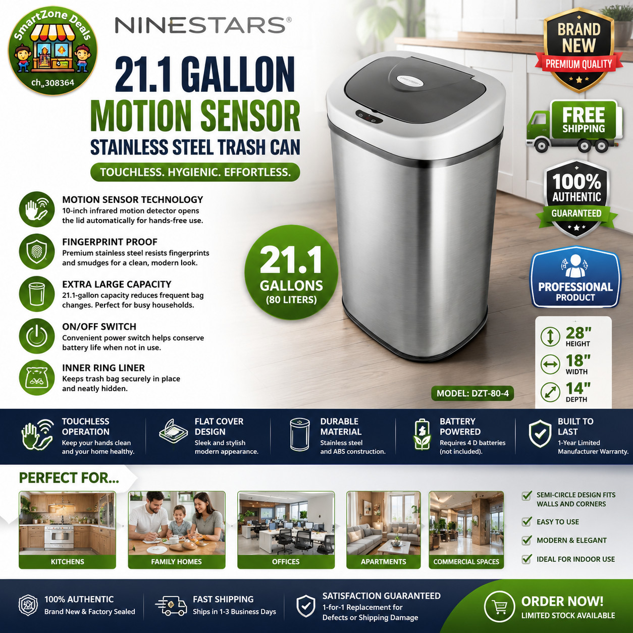 NINESTARS DZT-80-4 21.1 Gallon Motion Sensor Stainless Steel Trash Can-Free Ship