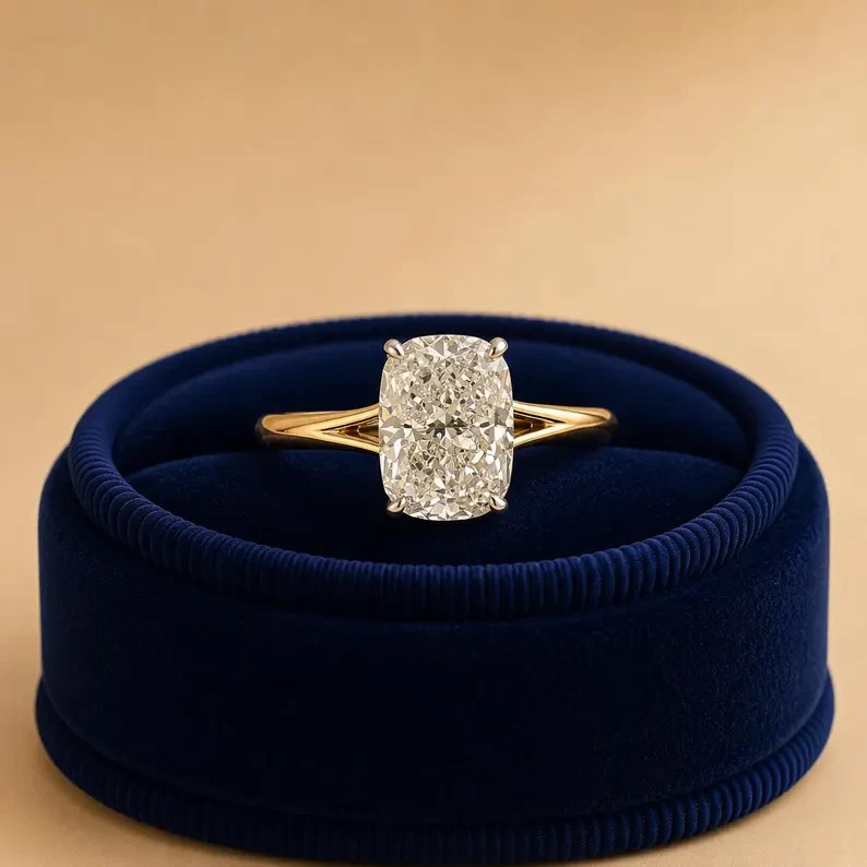 IGI 3 Ct Cushion Cut E/VS1 Lab Grown Diamond Split Shank Ring 14K Yellow Gold