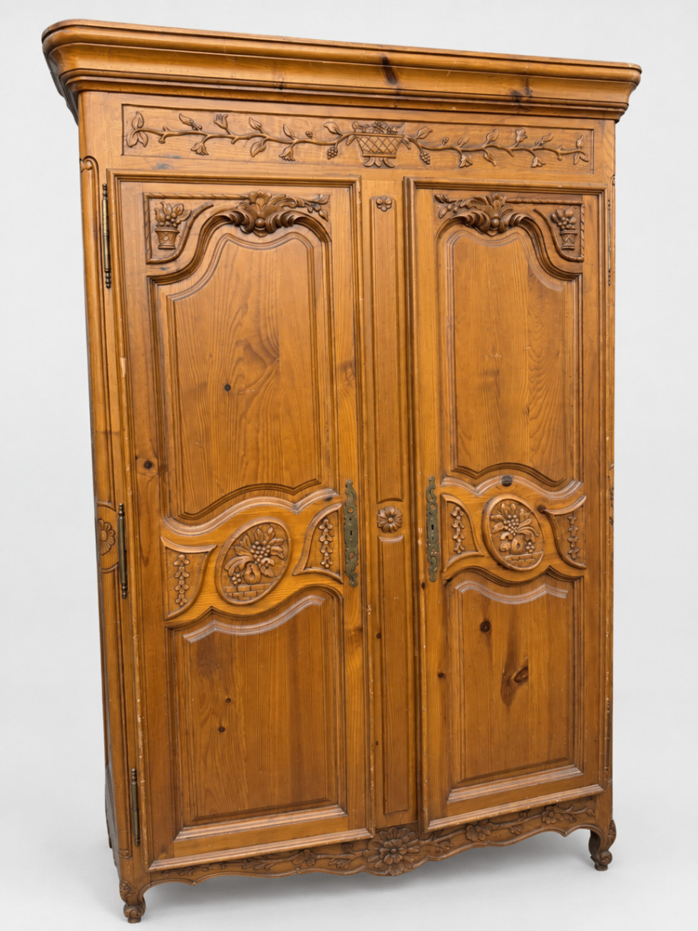 Antique French Provincial Armoire Wardrobe Carved Wood Double Door Cabinet