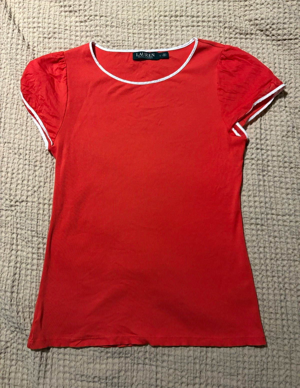 Lauren Ralph Lauren Red Rib Knit Crew Neck Cap Sleeve T-Shirt White Trim L