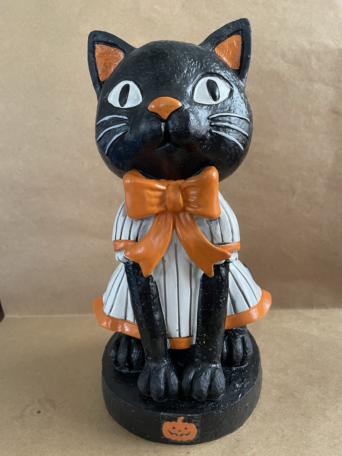 Retro Halloween Black Cat Figurine with Striped Dress & Orange Bow  Resin