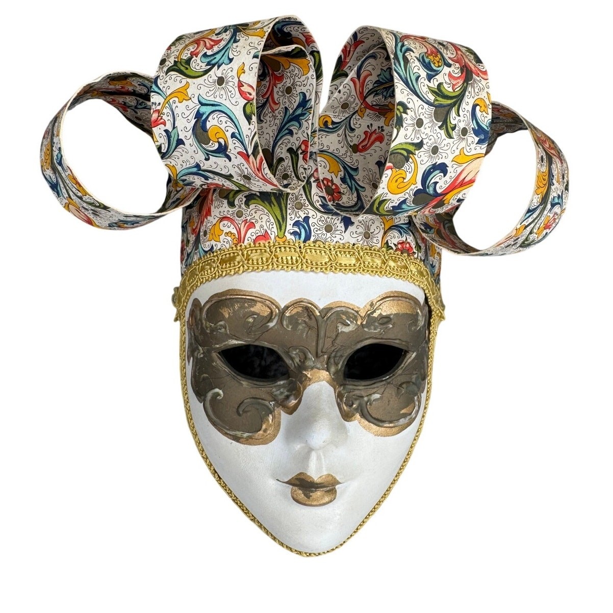 Vintage Ceramic Venetian Jester Mask Italian Style Floral Gold Wall Decor
