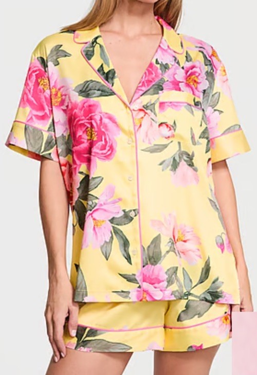 Victoria\'s Secret Women\'s Satin Short Sleeve Pajama Set Yellow Floral XL NWT