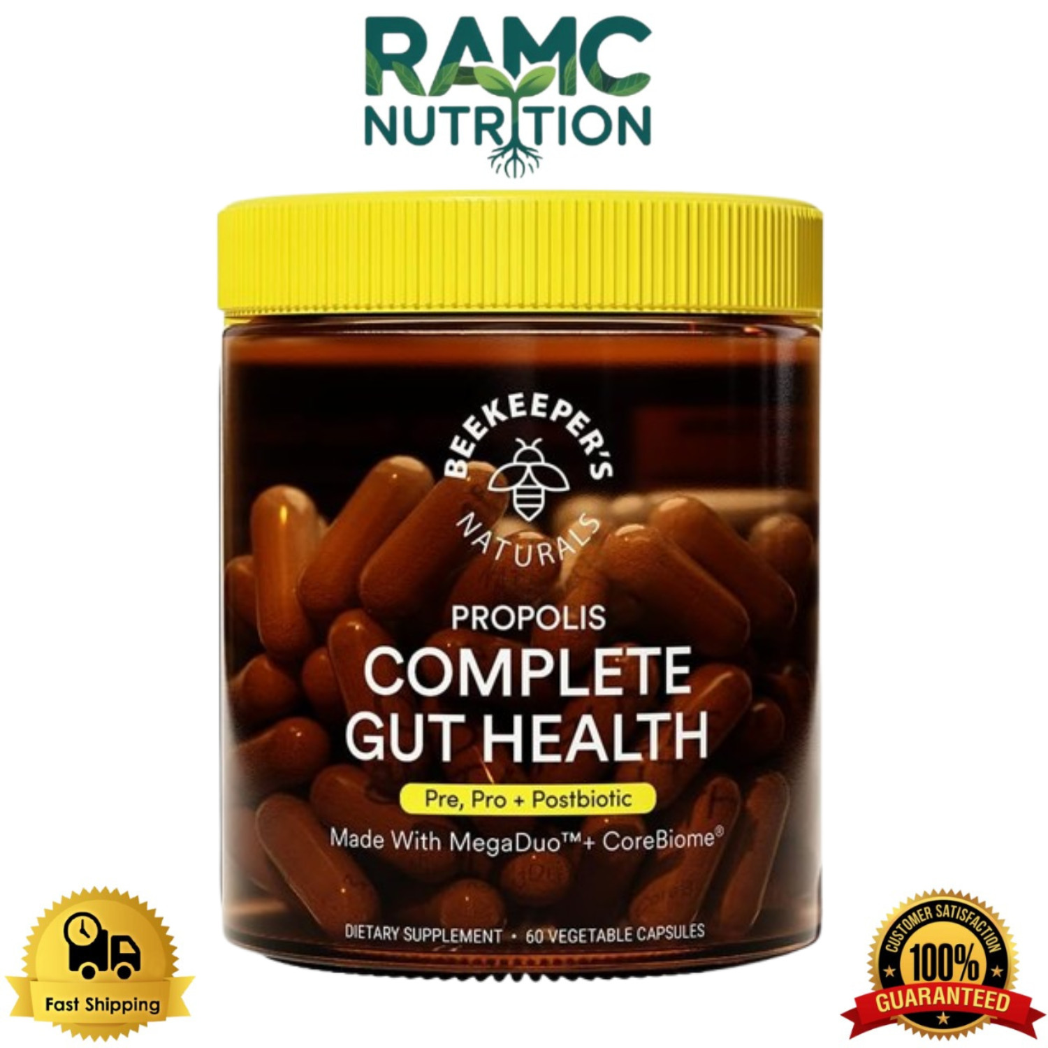 Beekeeper's Naturals Complete Gut Health, 3-in-1 Prebiotic, 60 Capsules