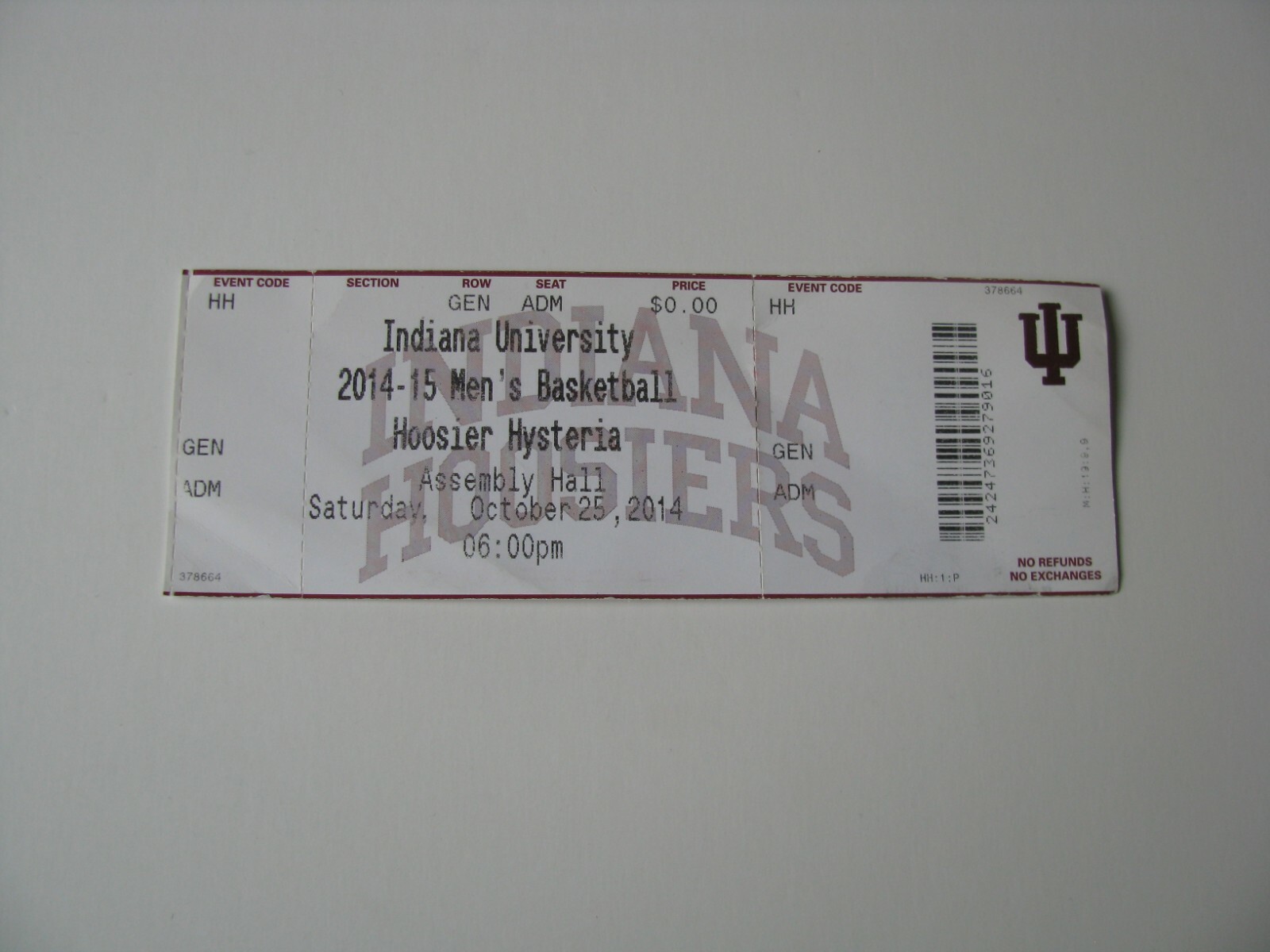 2014-2015 Indiana University Mens Basketball Hoosier Hysteria Ticket Stub Oct 25