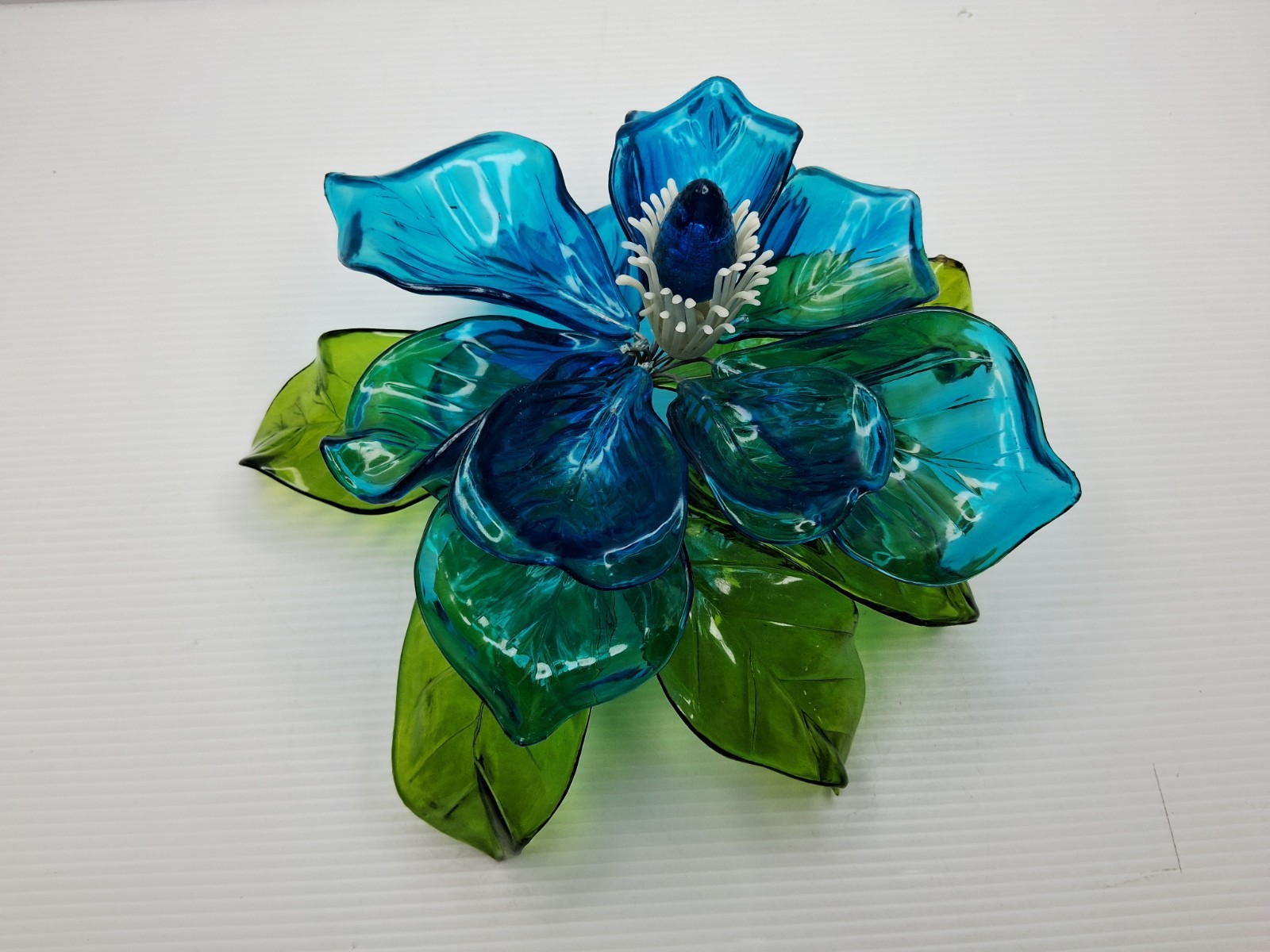 Mid Century Acrylic Lucite Blue & Green Flower Sculpture Vintage