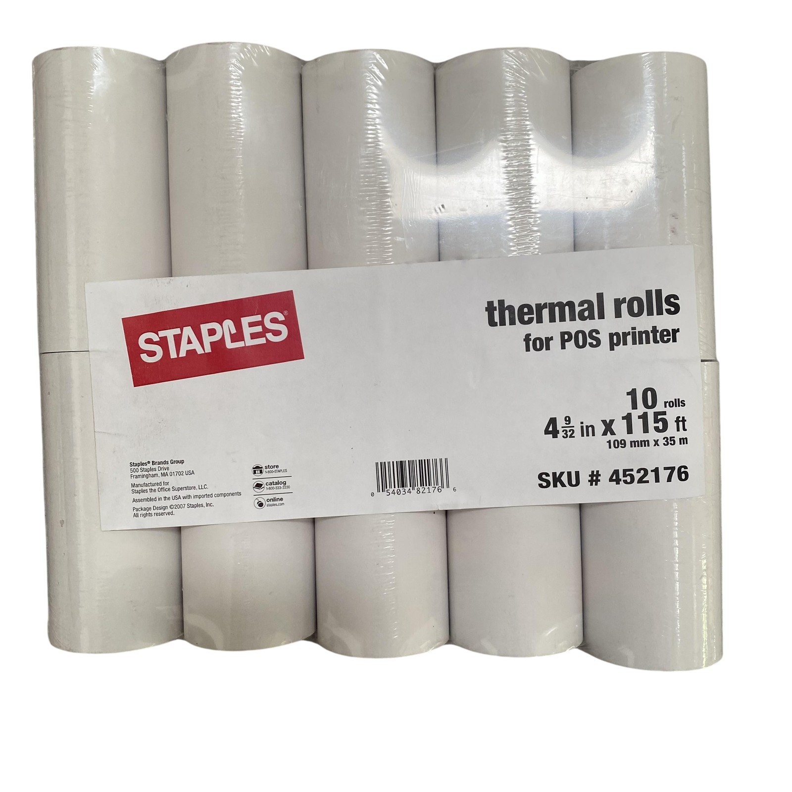 Staples Thermal POS Printer Paper Rolls White 4 9/32 X 115ft 10ct 452176 USA