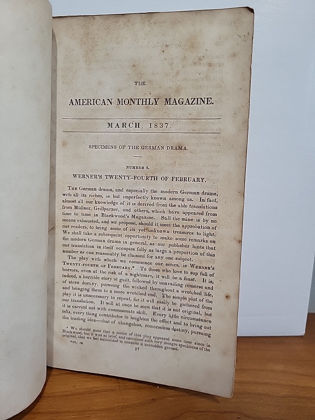 Antique 1837 American Monthly Magazine - German Drama - Werner - Sigourney