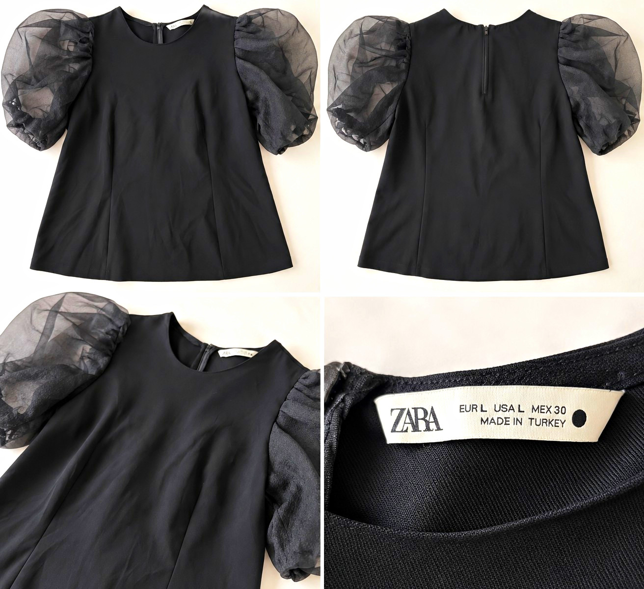 Zara Women’s Large Black Solid Puff Sleeve Blouse Round Neck Zip Closure