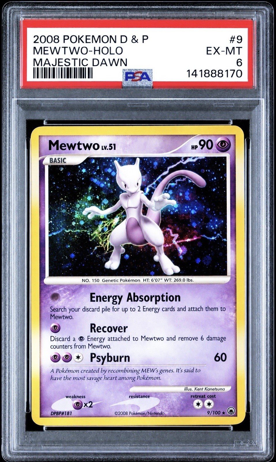 MEWTWO 9/100 | Majestic Dawn Holo Pokemon Card Mid Era PSA 6 SWIRL