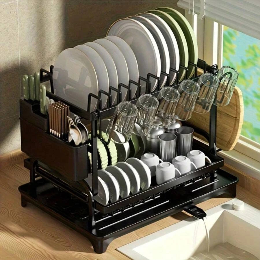 2-Tier Carbon Steel Dish Drying Rack w/ Drainboard Kitchen Storage