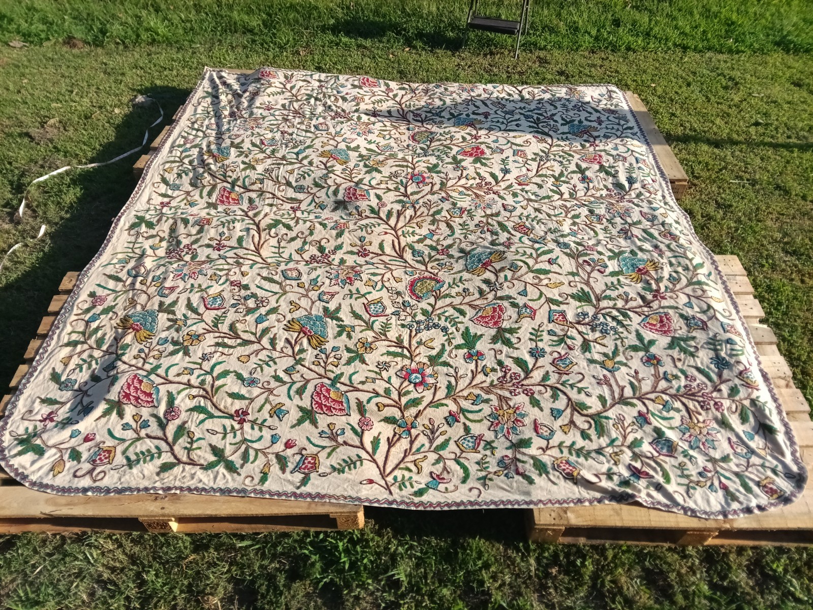 Vintage Kashmiri Crewel Bedspread King102x110 Hand Embroidered Wool Tree of Life