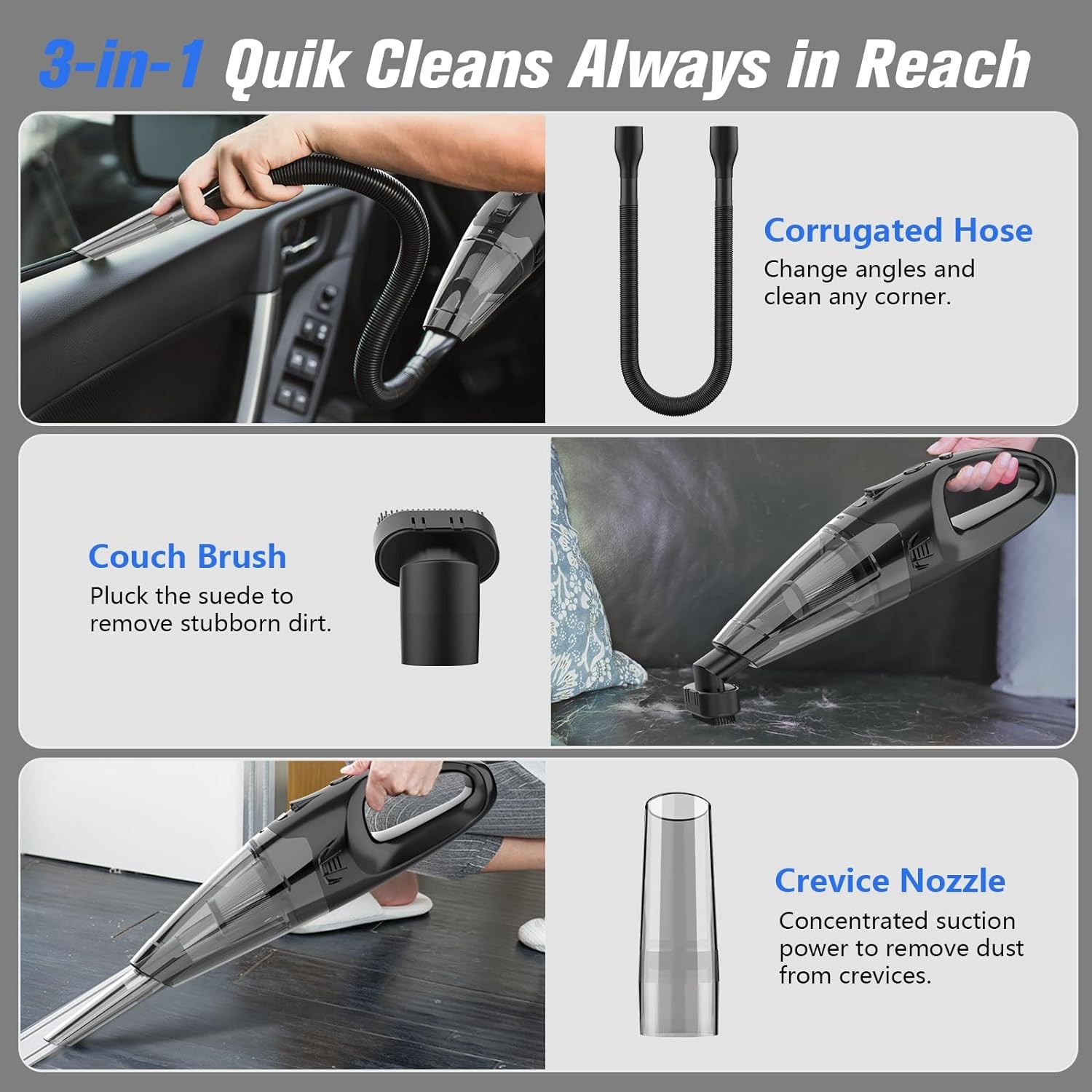 BSRCO Handheld Vacuum Cordless Rechargeable with LED, USB -  Black, Dark Gray