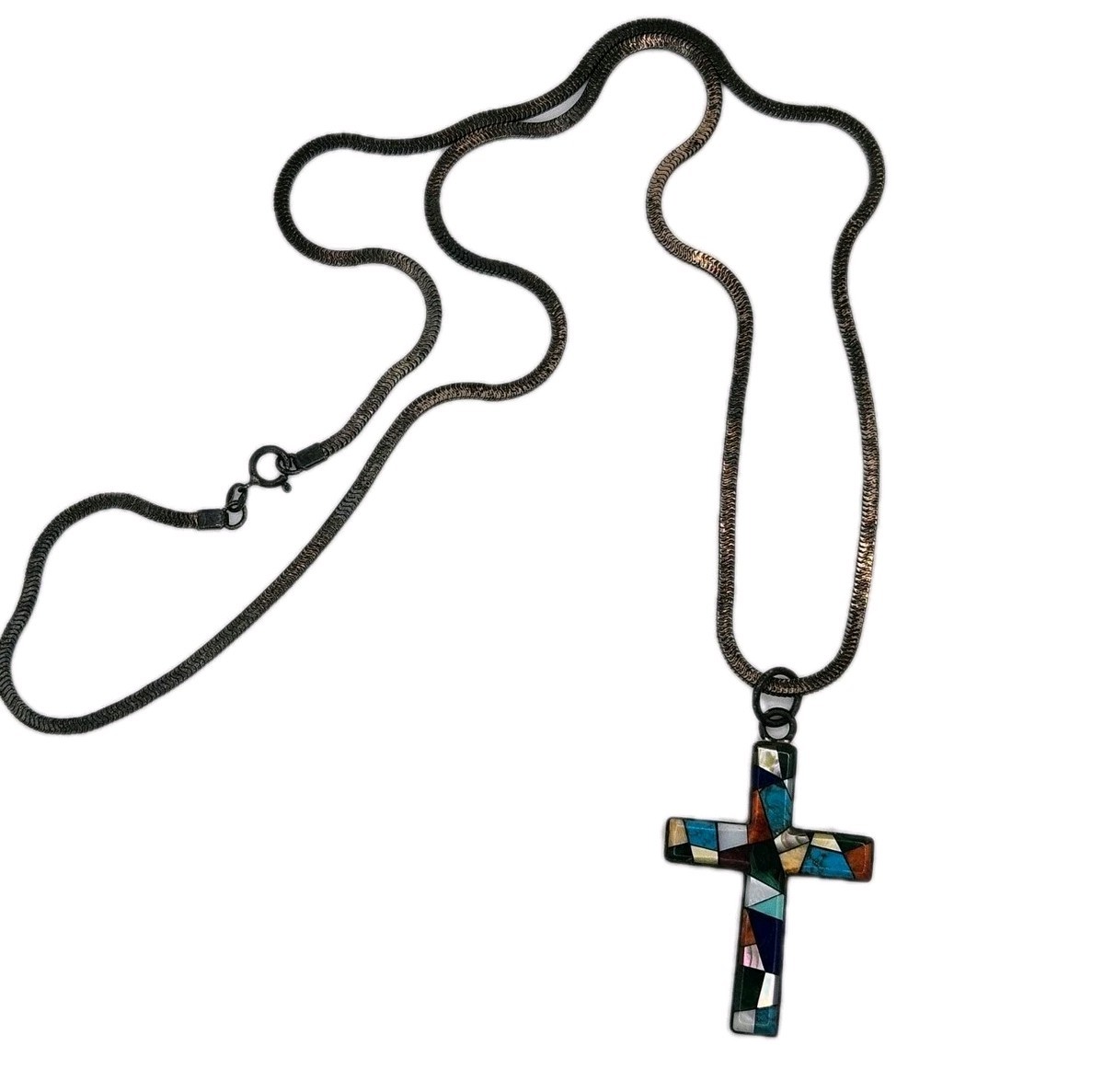 Vintage Native American Sterling Silver 925 CROSS NECKLACE Turquoise Coral Zuni Vintage Native American Sterling Silver 925 CROSS NECKLACE Turquoise Coral Zuni