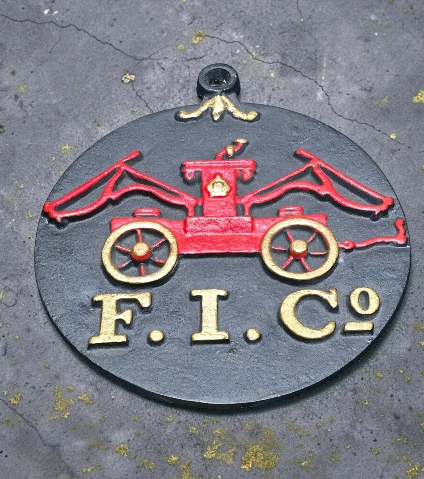 Vintage F. I. Co. Fire Insurance Company Cast Iron Fire Truck Plaque 11 3/4\