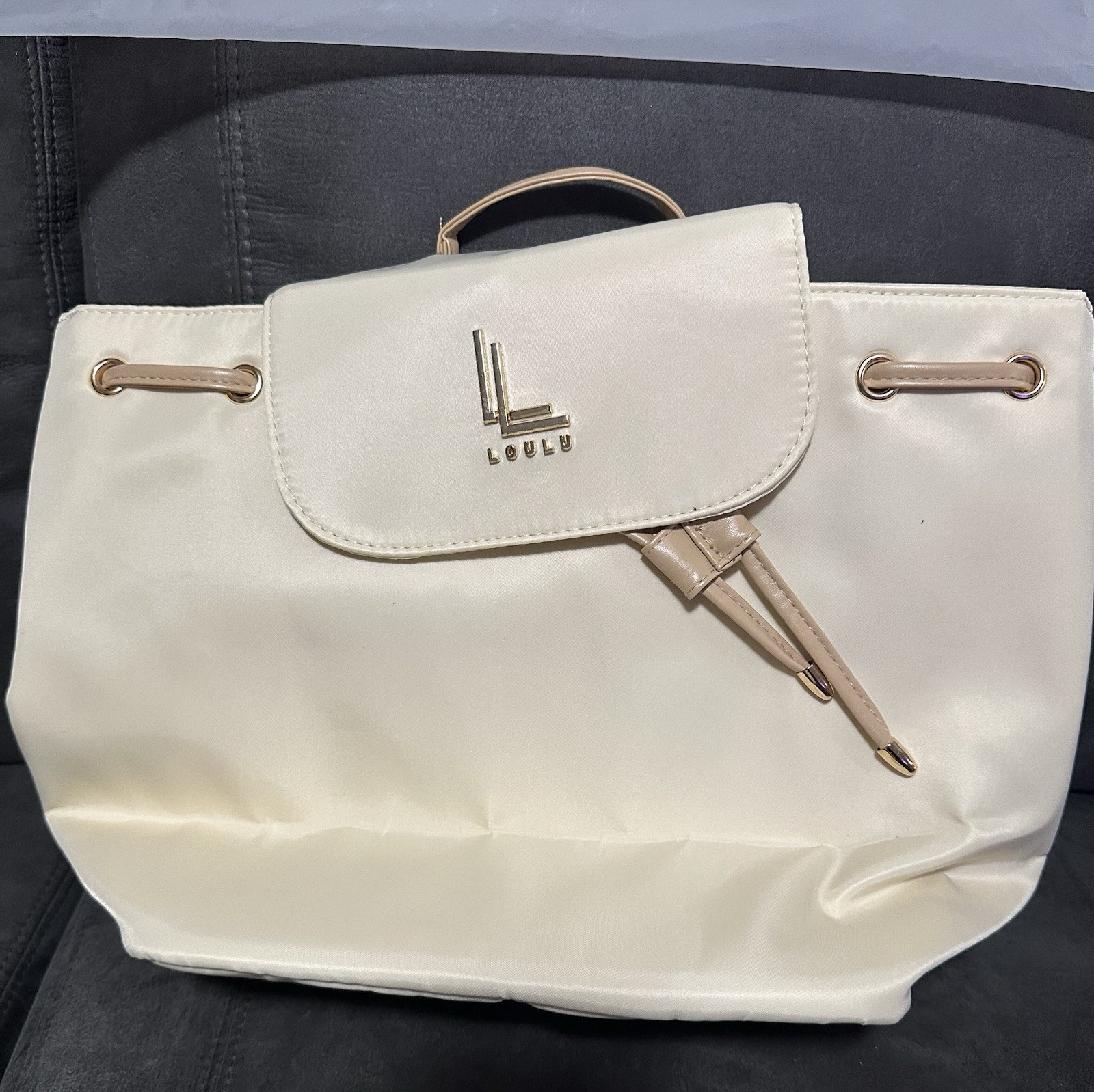LOULU Cream Ivory NIB Backpack Purse Bag Nylon Top Handle Gold Hardware