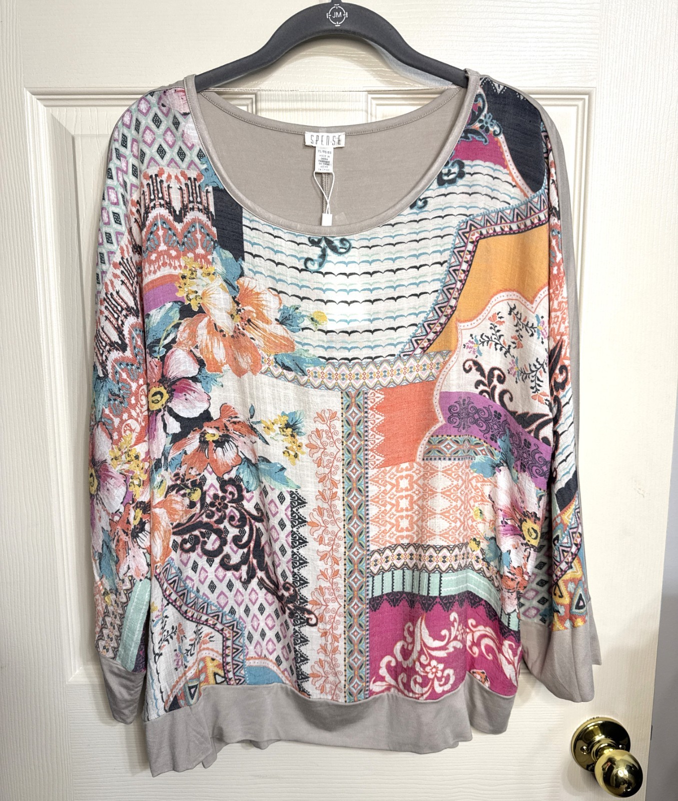 NWT Spense Size XL Taupe Pink Orange Patchwork Print Top Blouse Knit Mixed Media