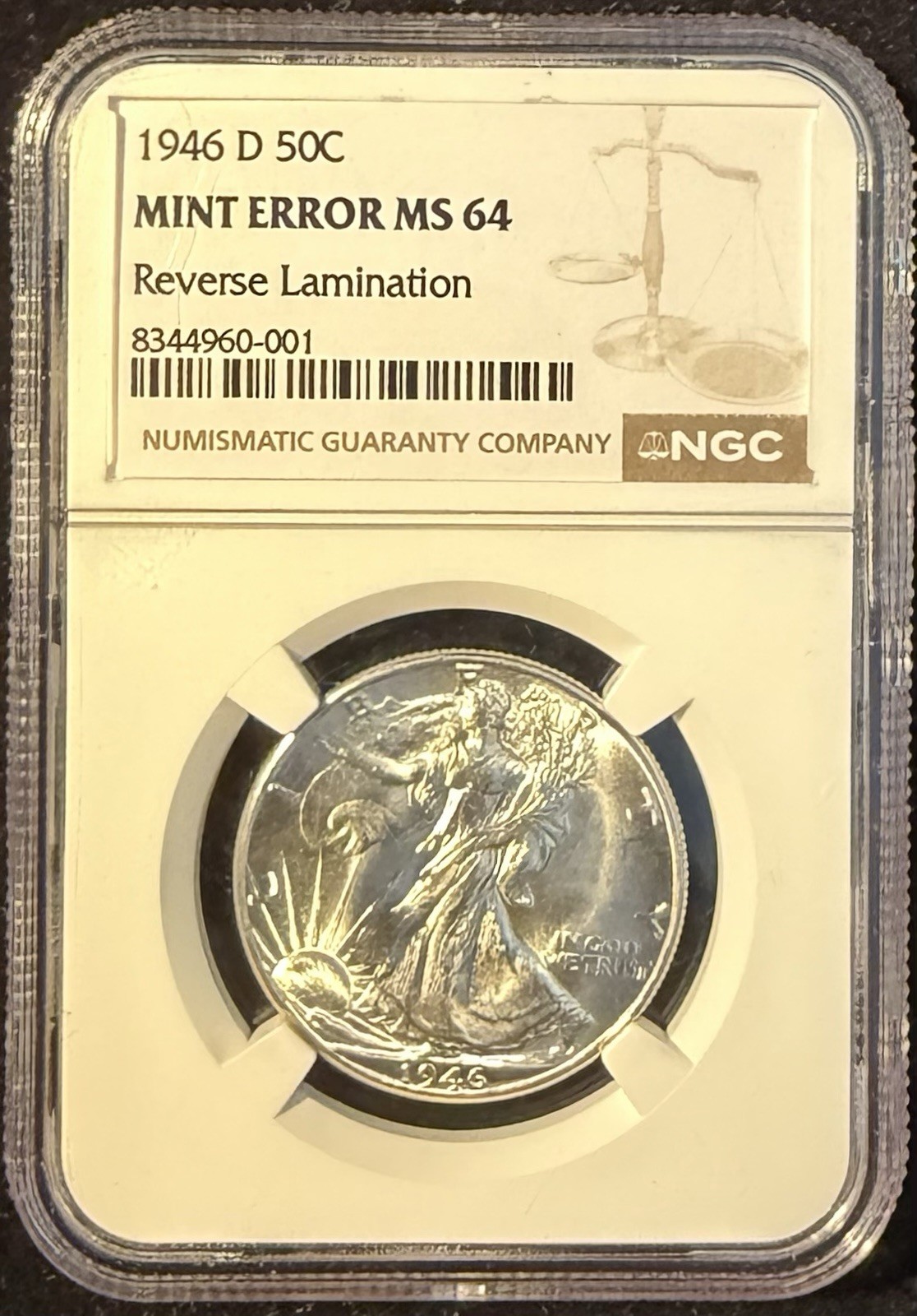 1946-D Walking Liberty Half Dollar ERROR Reverse Lamination MS64 NGC