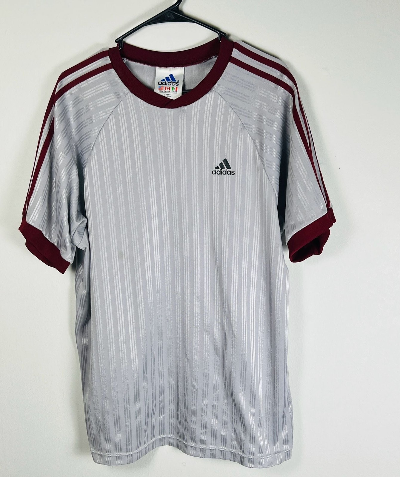 Vintage Adidas Soccer Jersey Mens L Silver Burgundy 3 Stripe Y2K USA Made 90s