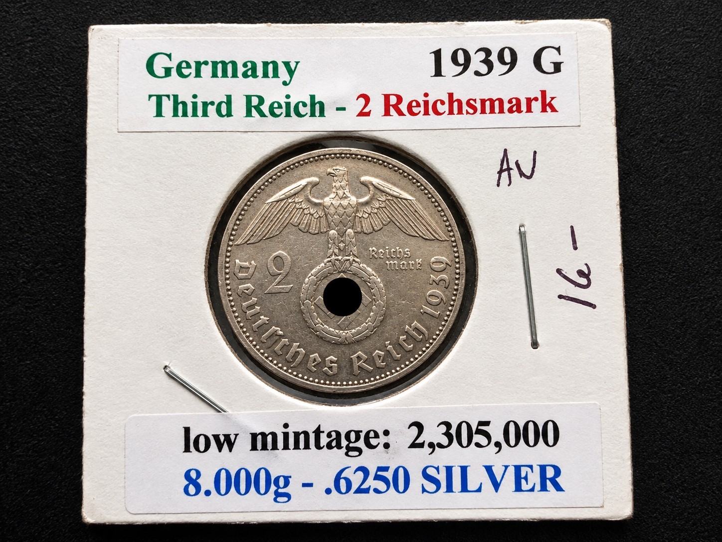 1939-G Germany Third Reich 2 Reichsmark Silver 0.625 Hindenburg WWII 1939-G Germany Third Reich 2 Reichsmark Silver 0.625 Hindenburg WWII