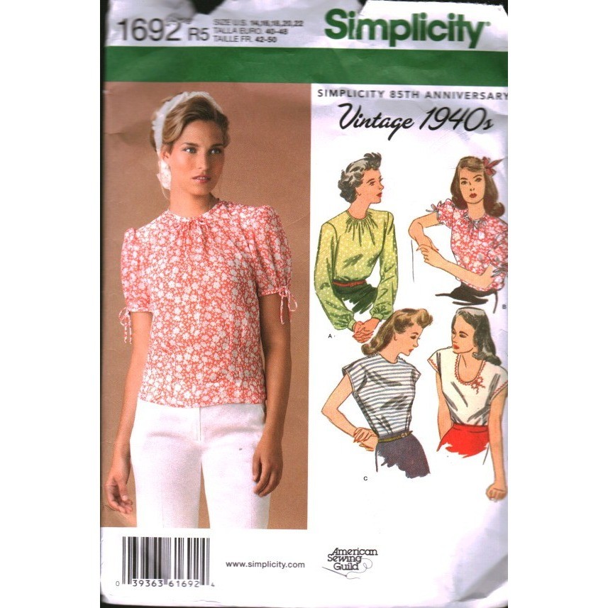 Simplicity 1692 Vintage 1940s Sewing Pattern Misses Tops Blouse Size 14-22 CUT