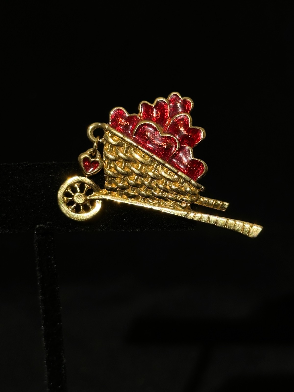 Vintage Avon Wheelbarrow Brooch Red Enamel Hearts Dangling Heart Pin