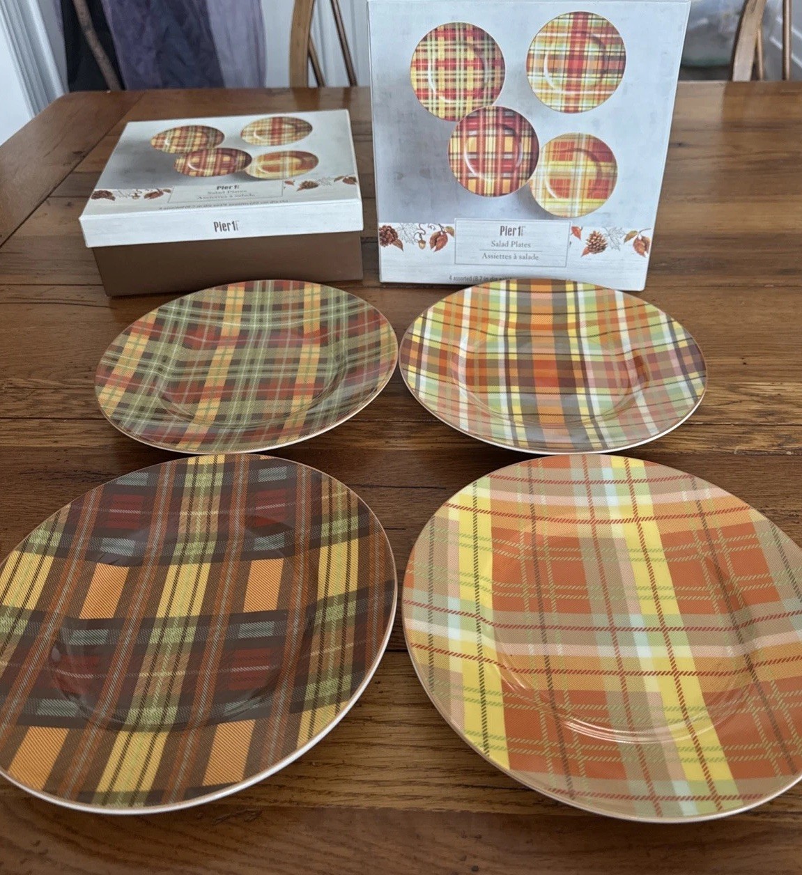 Pier 1 Harvest Plaid Set Of 8 Salad Dessert Plates 8 5/8 “  In Original Box