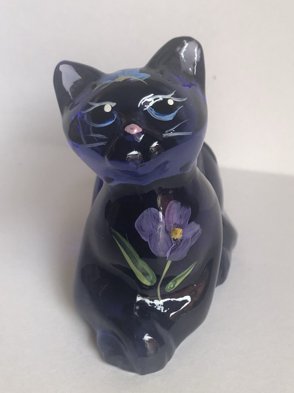 Fenton Cobalt Blue-Laying Down-Cat Figure-Pretty HP Tulip-Signed D Bailer (?)