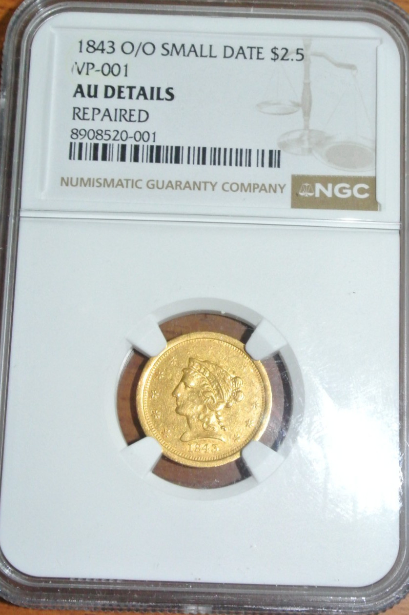 1843-O/O $2.50 Liberty Gold Quarter Eagle Small Date Repunched M/M RPM AU DETAIL