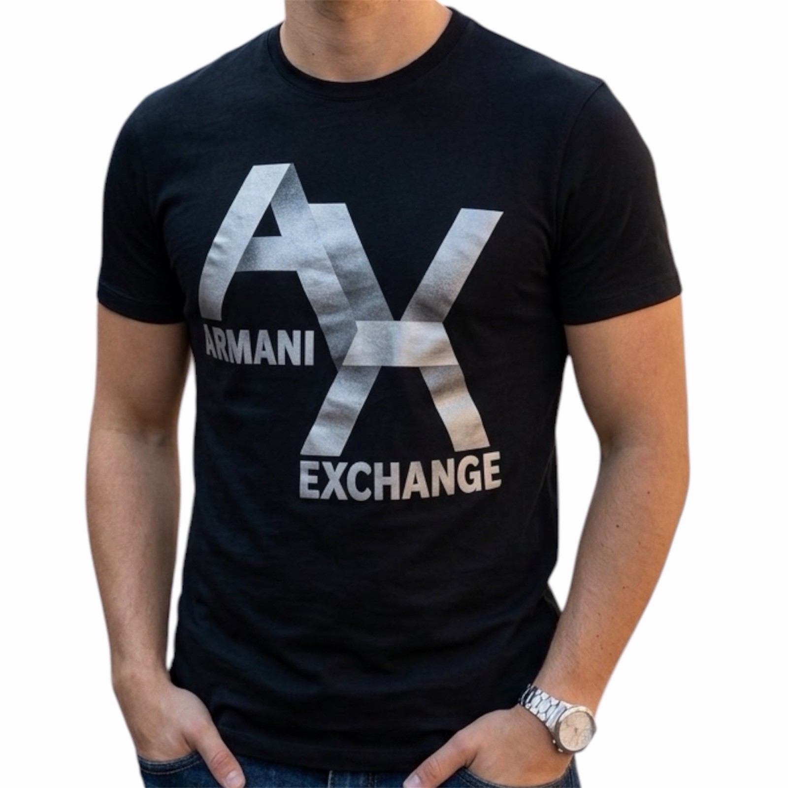 ARMANI EXCHANGE Black Silver AX LOGO Short Sleeve Slim Fit Designer T-shirt NWT ARMANI EXCHANGE Black Silver AX LOGO Short Sleeve Slim Fit Designer T-shirt NWT