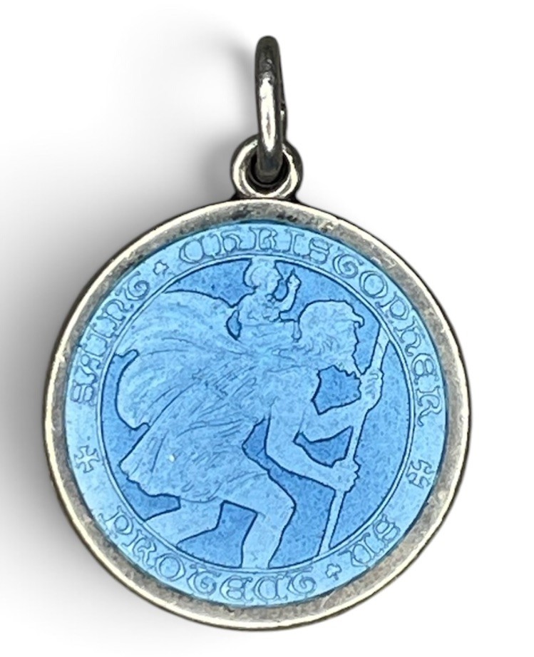 RARE Antique 1920s Charles Thomae Sterling Blue Enamel St Christopher Pendant
