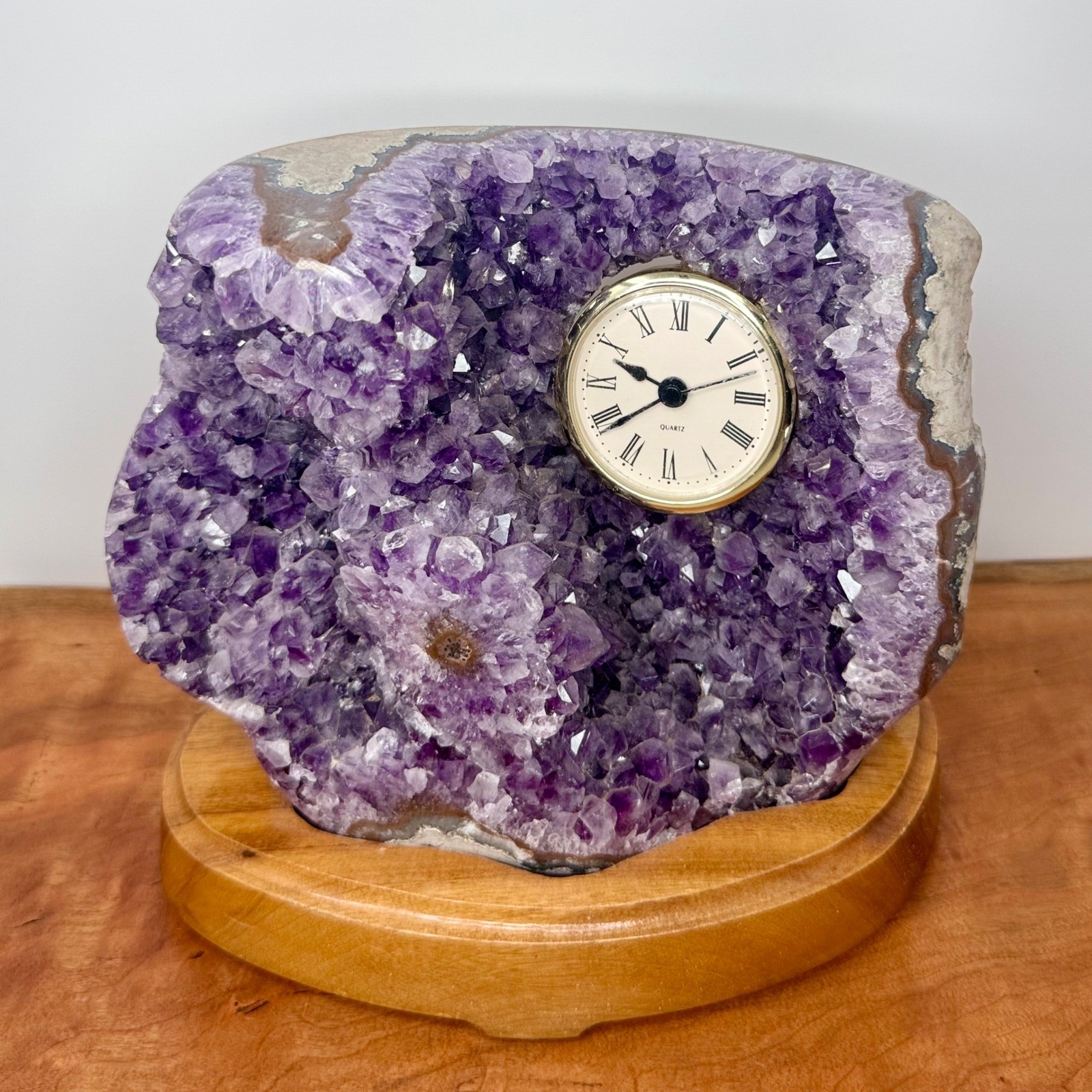 Natural Amethyst Geode Desk Clock Purple Crystal Cluster on Wood Base Quartz