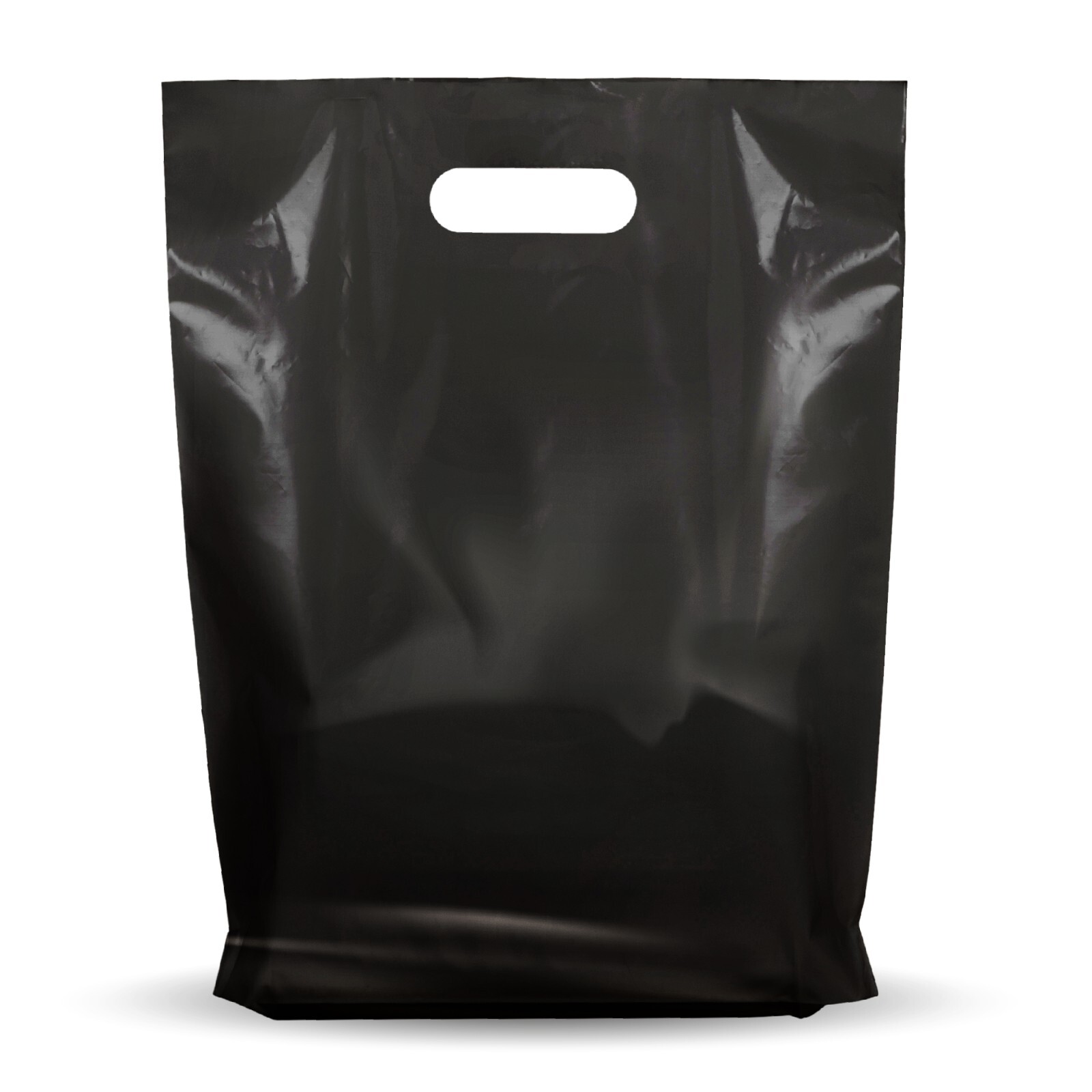 100 Black Merchandise Bags 12x15 In Die Cut Handle Glossy Retail Shopping Bulk