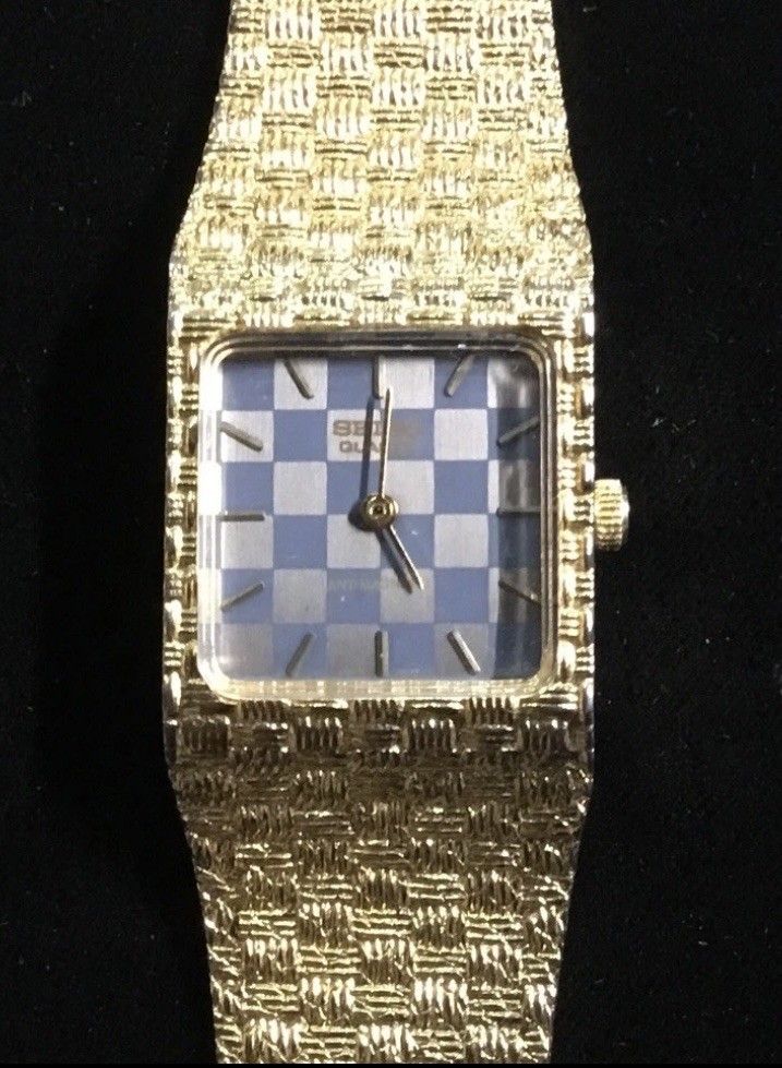 Vintage SEIKO HG6270557 Mens 14K GF Checkerboard Blue Dial Works Great See Desc