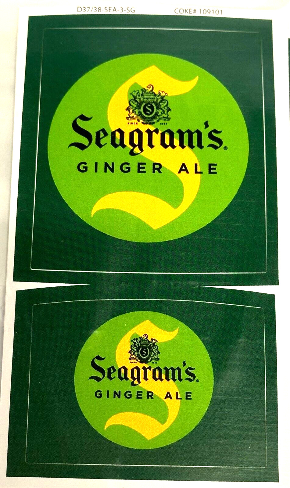 DECAL SEAGRAM\'S GINGER ALE LEV SINGLE LABEL # D37/38-SEA-1-SG DECAL SEAGRAM\'S GINGER ALE LEV SINGLE LABEL # D37/38-SEA-1-SG