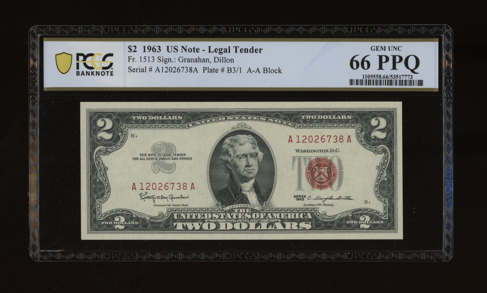 DBR 1963 $2 Legal Fr. 1513 Gem PCGS-B 66 PPQ Serial A12026738A DBR 1963 $2 Legal Fr. 1513 Gem PCGS-B 66 PPQ Serial A12026738A