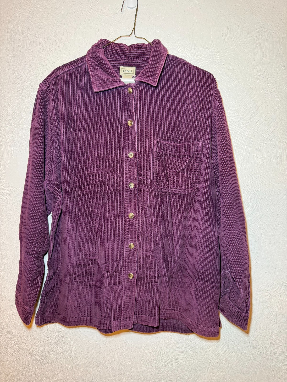 LL Bean Corduroy Shirt Jacket Womens L Purple Chore Barn Plaid Flannel Lined VTG