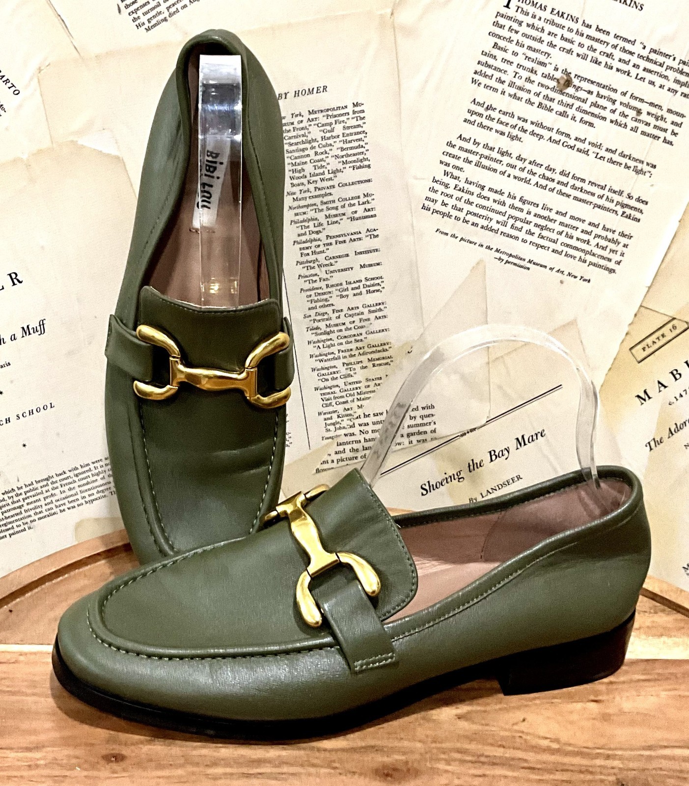 Anthropologie Bibi Lou Zagred Leather Loafers Moss Gold Matte Trim 39 NEW