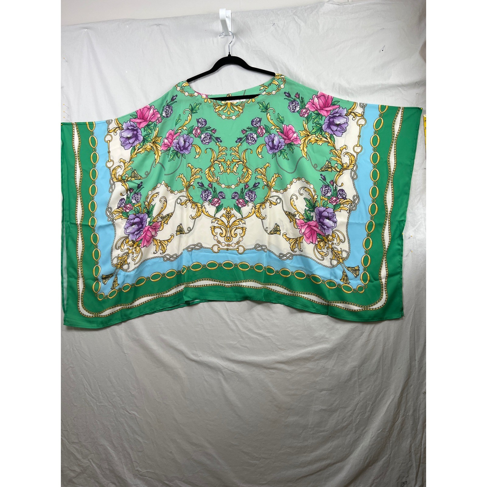 Belle Kim Gravel Poncho Top Women 3X Green Baroque Scarf Print Floral Kaftan
