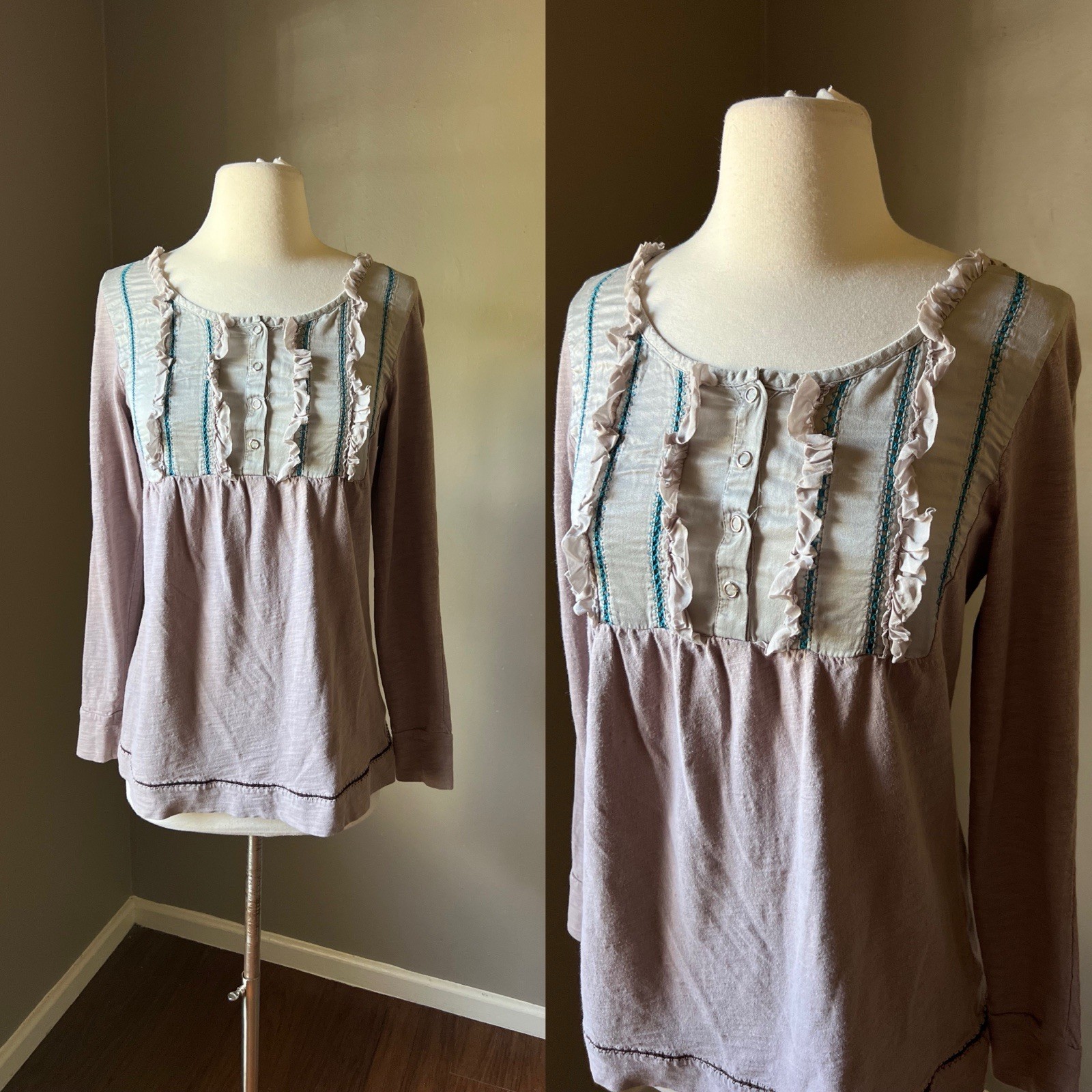 Vintage Miss Me Top Small Tan Ruffle Long Sleeve Babydoll Boho Whimsigoth Y2K Vintage Miss Me Top Small Tan Ruffle Long Sleeve Babydoll Boho Whimsigoth Y2K