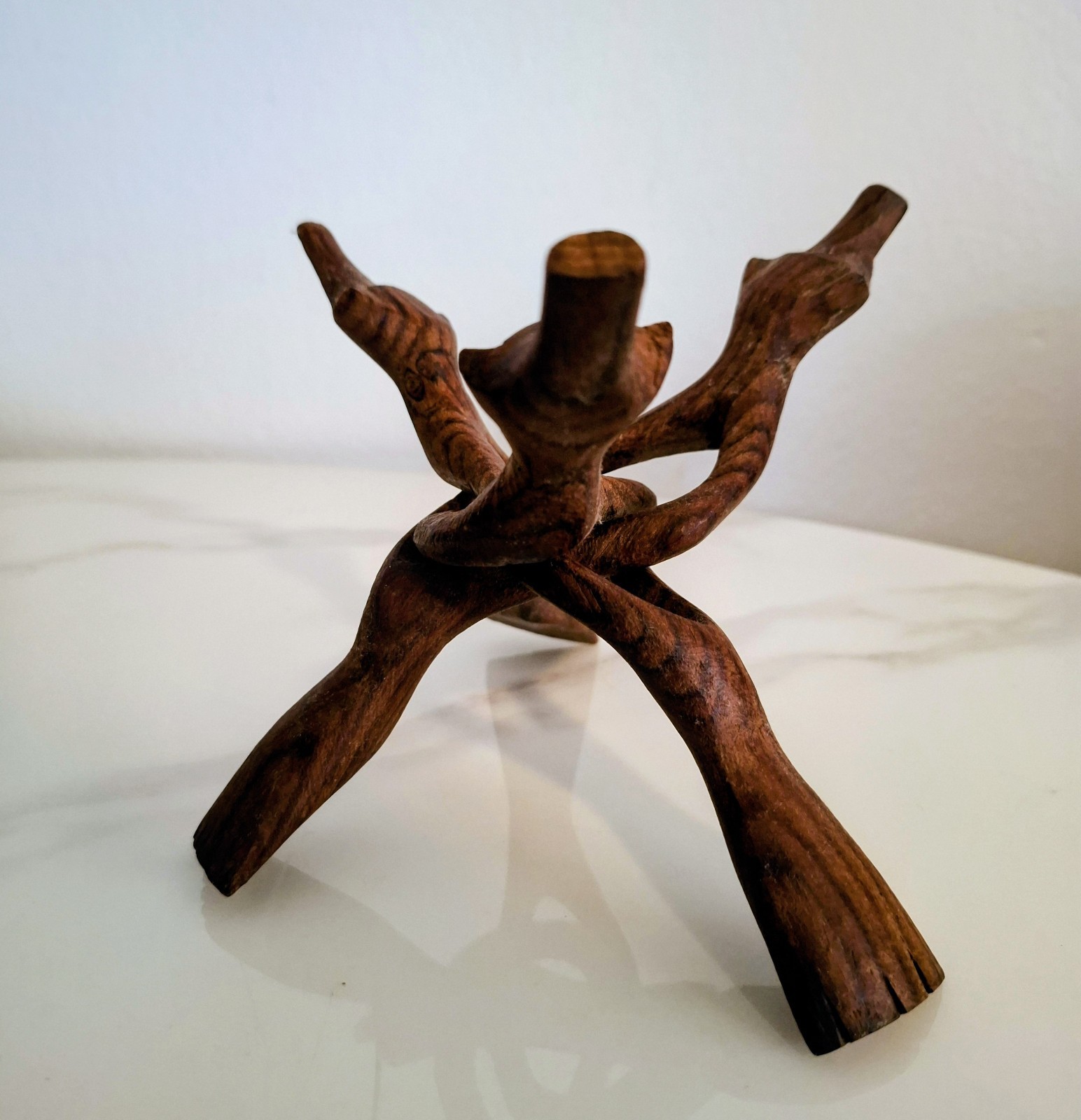Vtg. Hand-Carved From One Piece Of Wood Folding Tripod/Trivet Snake Head (J)