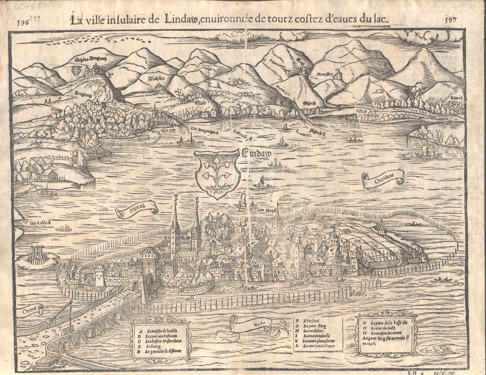 Lindau on Lake Constance (Bodensee) 1598 woodcut view, Munster