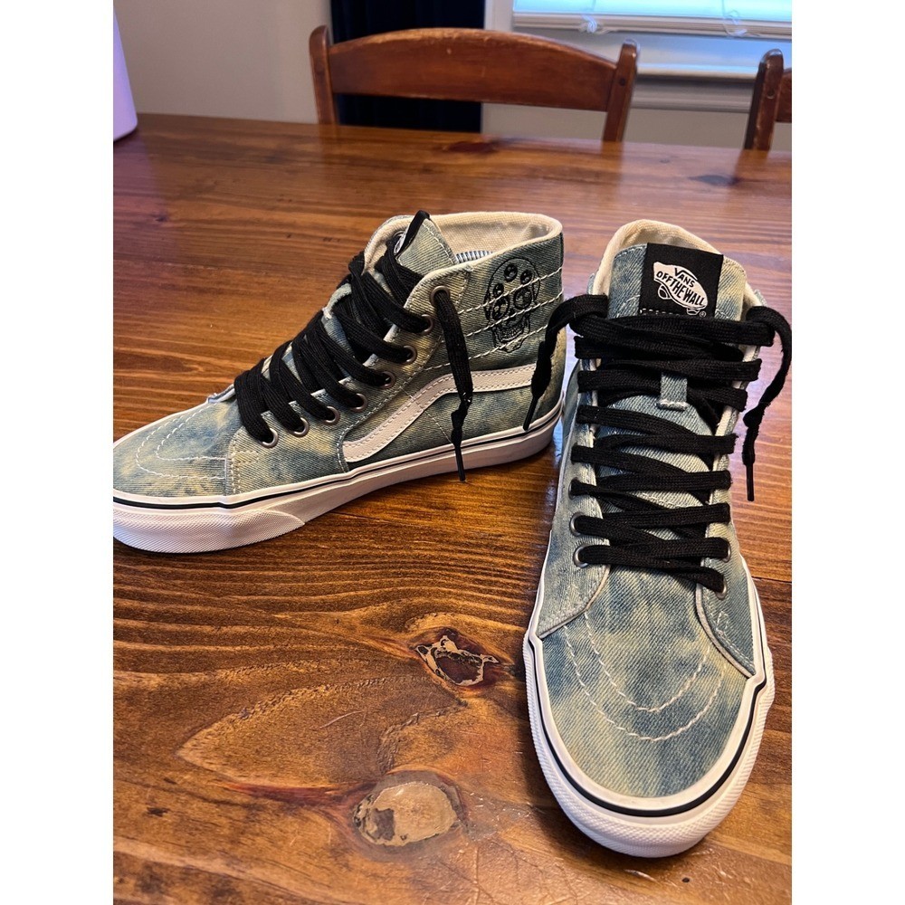 Vans Sk8-Hi Sneakers Women 8 Men 6.5 Acid Wash Denim Skull High Top NWOT
