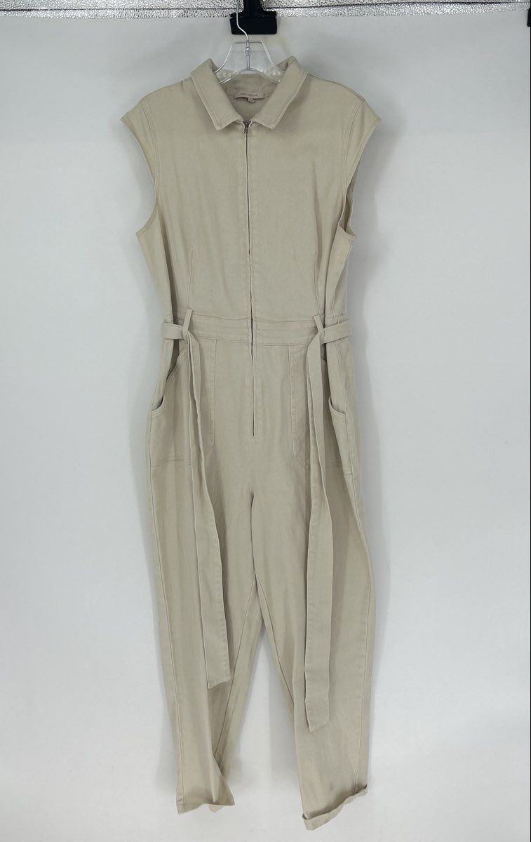 Skies Are Blue Womens Beige Sleeveless Front Zip One-Piece Jumpsuit Size Large