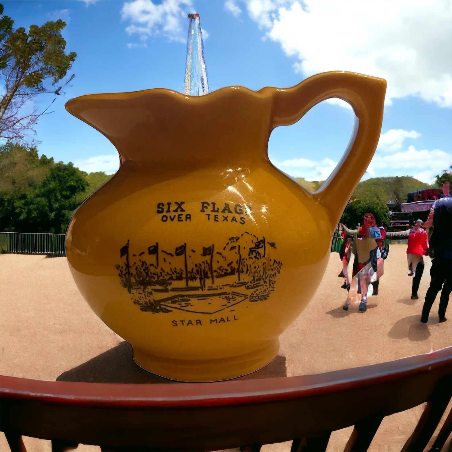 VTG Six Flags Texas Amusement Parks Collectible Pitcher Small Yellow Gold 3 1/2\