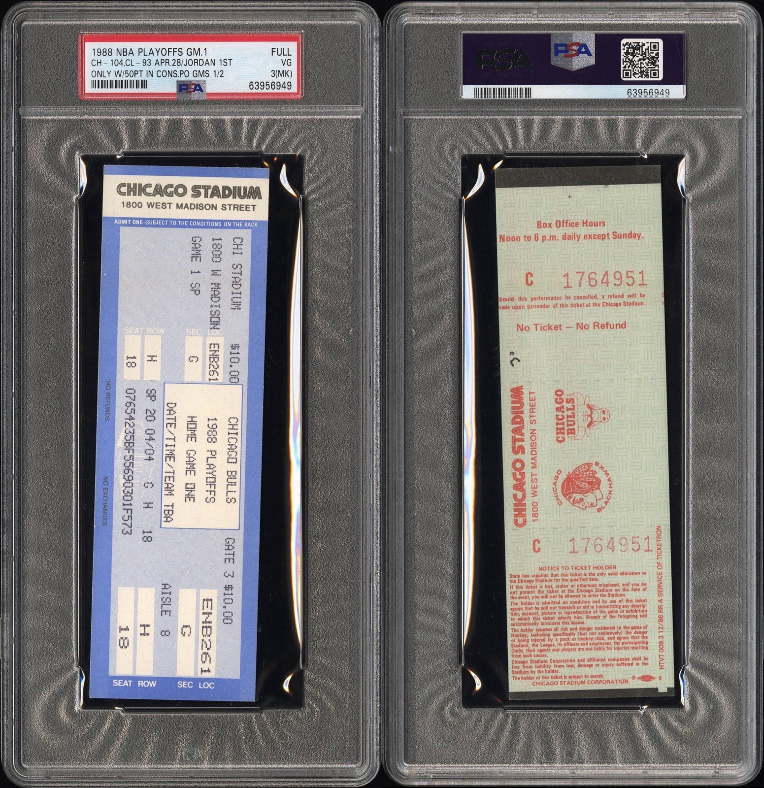 1988 BULLS APR 28 Playoff Jordan Record Ticket 50PT Back To Back Games Rare