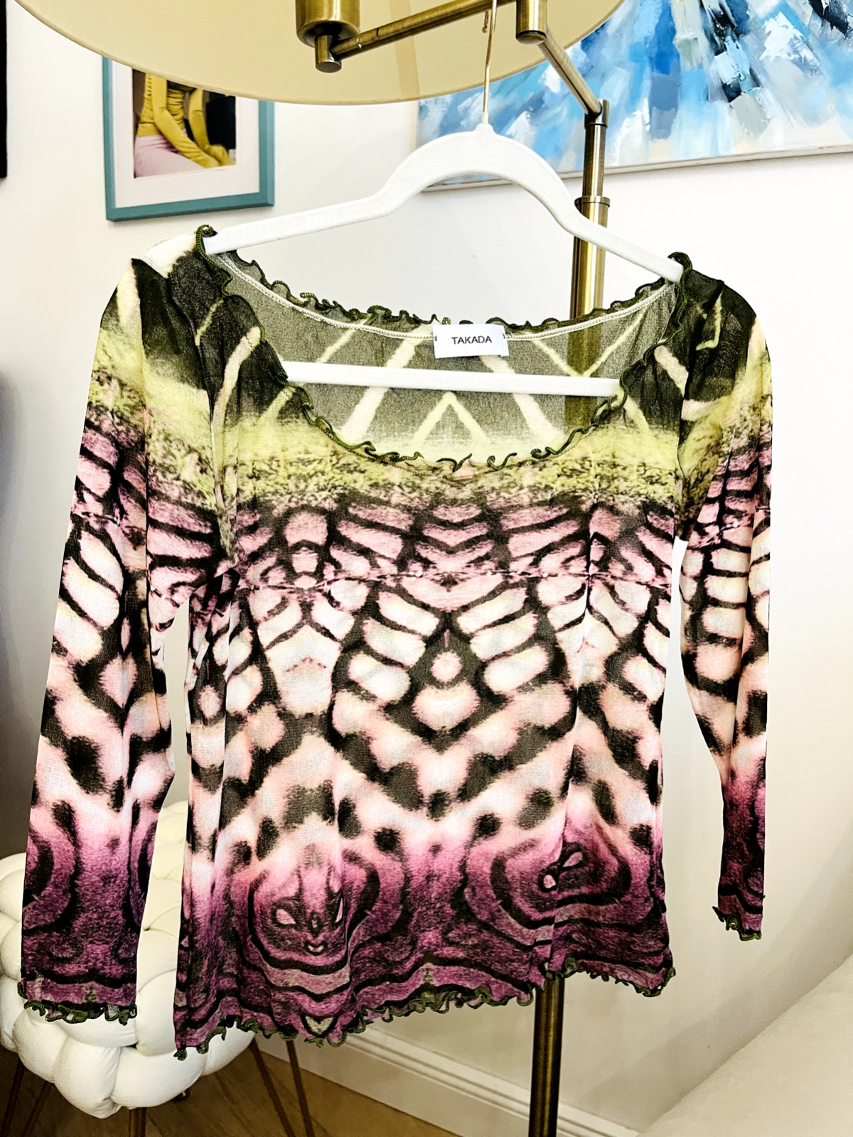 Vintage Y2K Takada Sheer Mesh Top Green Pink Abstract Print Long Sleeve L Italy